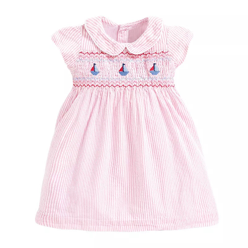 Girls Short Sleeve Dress - Pink boats Smocked