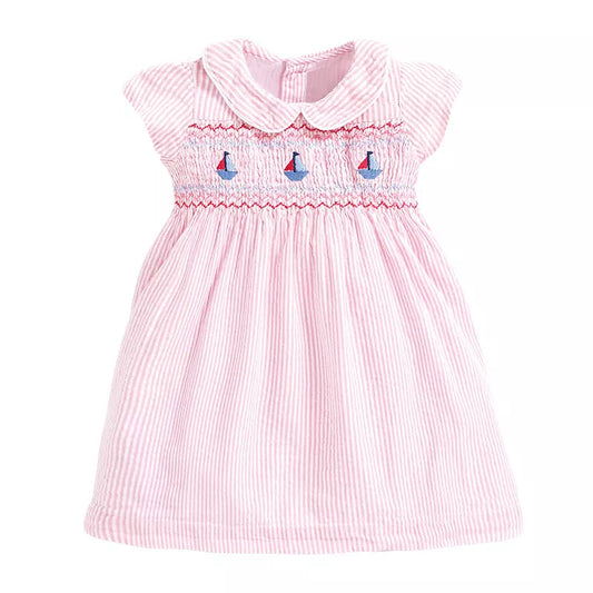 Girls Short Sleeve Dress - Pink boats Smocked