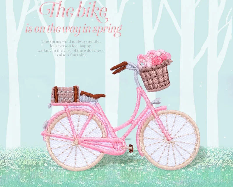 Pink Bike & Flower Iron On Patch