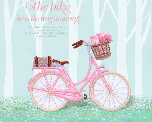 Pink Bike & Flower Iron On Patch