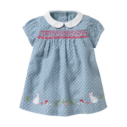 Girls Short Sleeve Dress - Blue Smocked