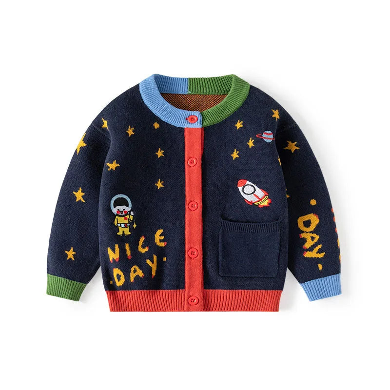 Spring Autumn 2-6 Year Children Boy Cardigan Astronaut Star Patchwork Little Boys Sweater Colorful Side Packet Baby Boy Knitwear