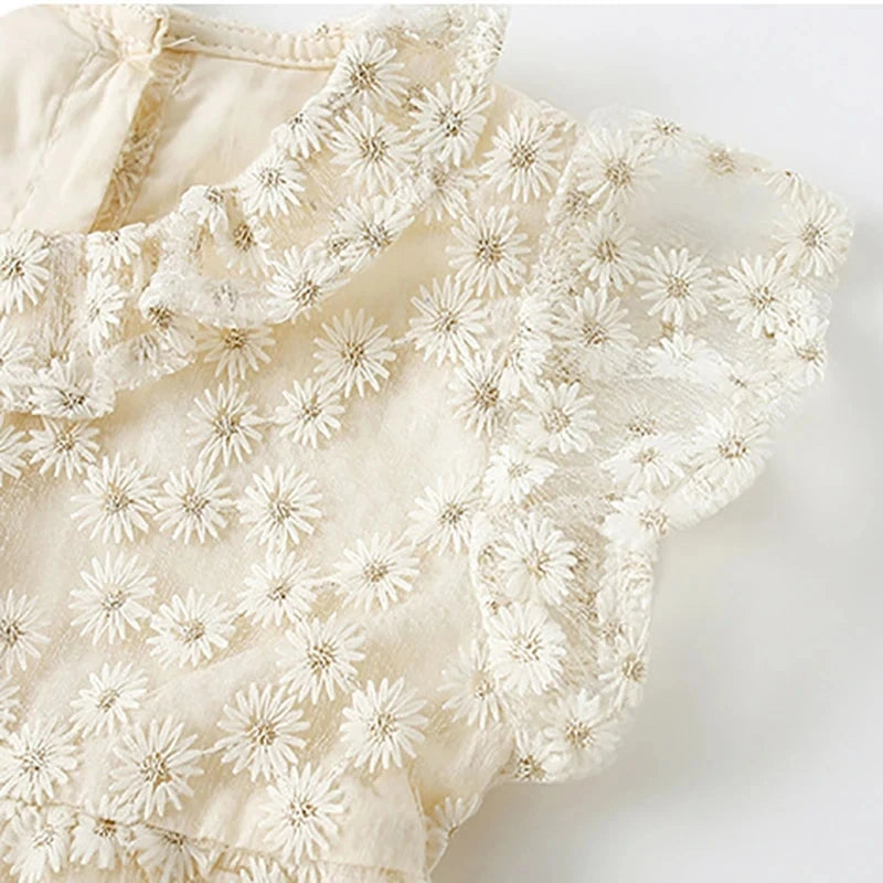 Girls Flutter Sleeve Embroidered Dress