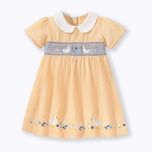 Girls Short Sleeve Dress - Orange Smocking