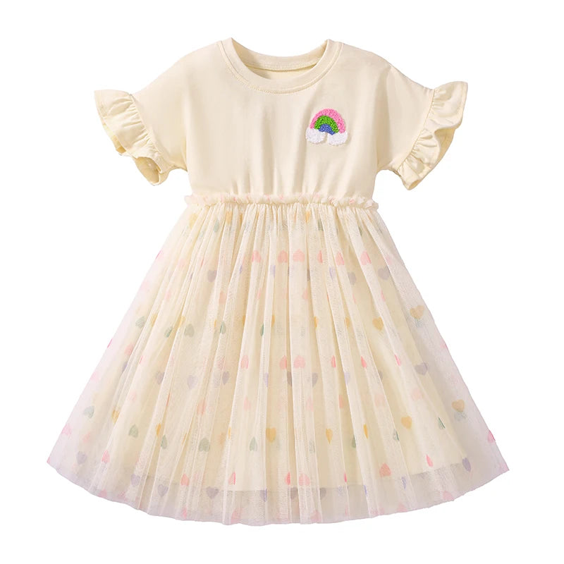 Girls Flutter Sleeve Applique Dress Rainbow patch