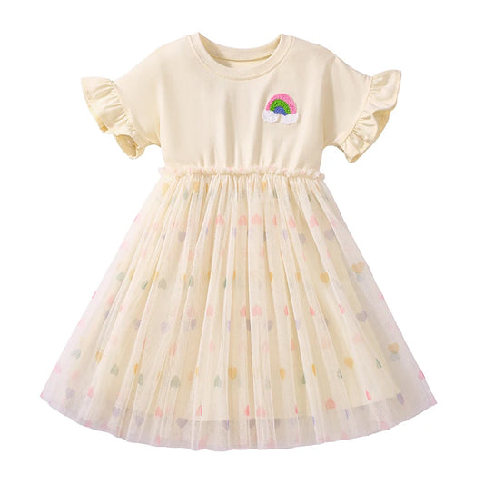 Girls Flutter Sleeve Applique Dress Rainbow patch