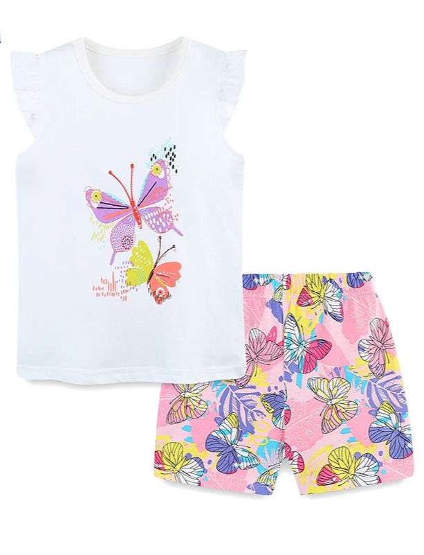 Girls Flutter Sleeve T Shirts and Shorts - Butterflies