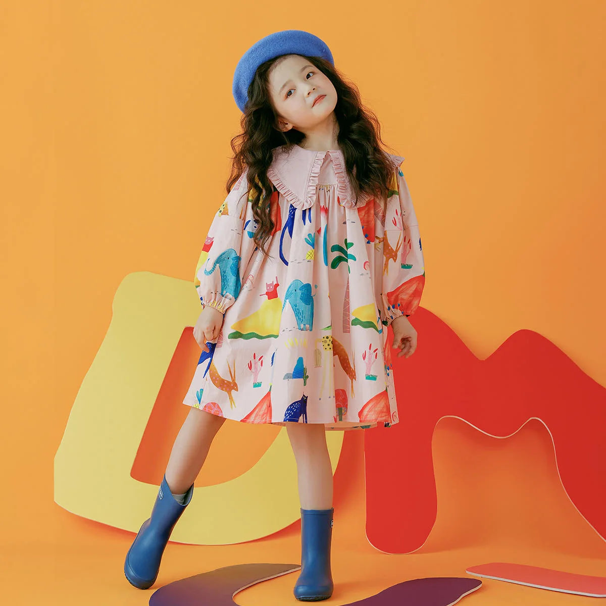 Girls Turndown Collar All Over Printed Dress