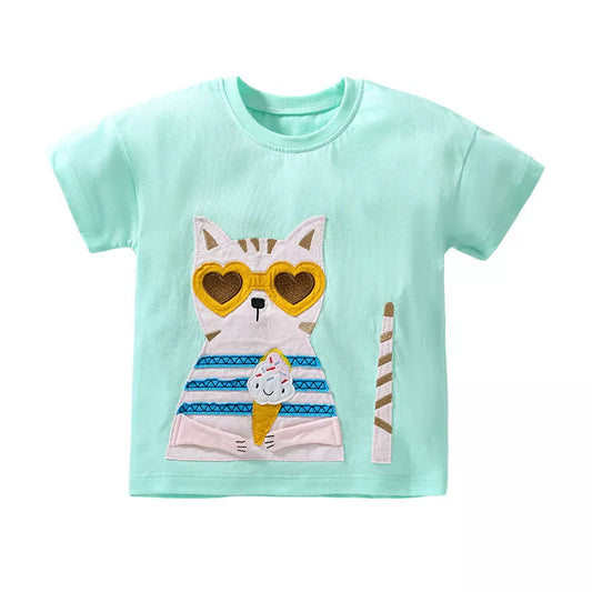 Girls' Cotton Short Sleeve Cat T-Shirt