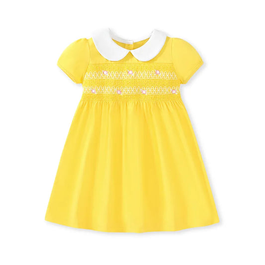 Girls Short Sleeve Dress - Yellow Smocked