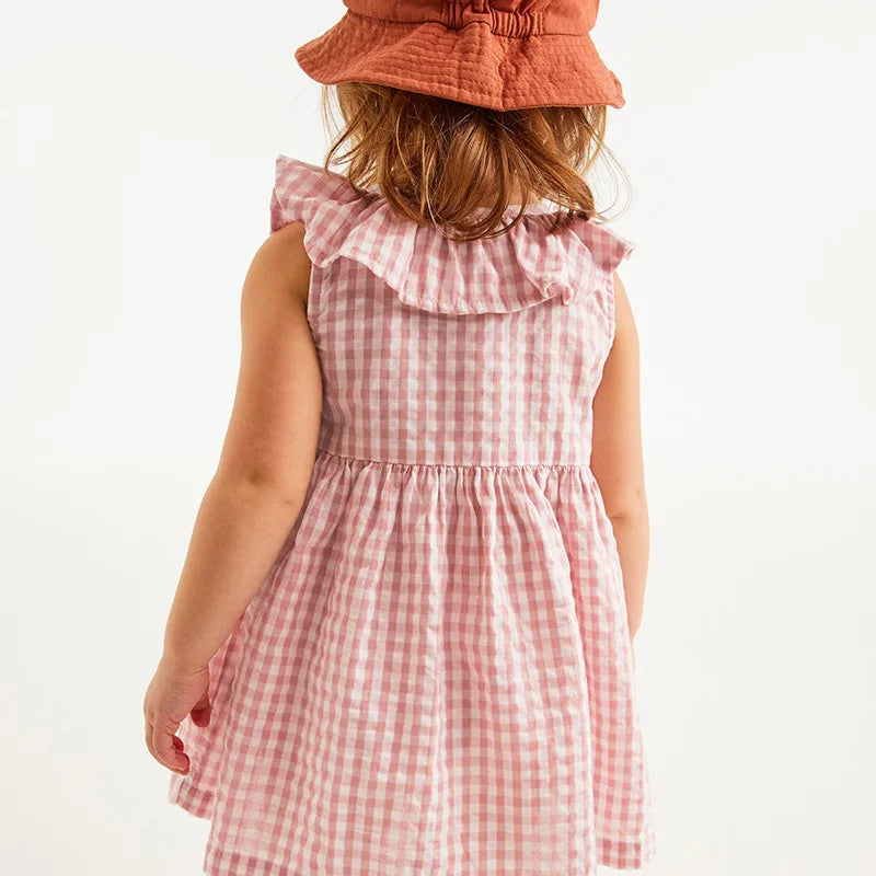 Girls Sleeveless Dress in Mushroom Plaid Pink