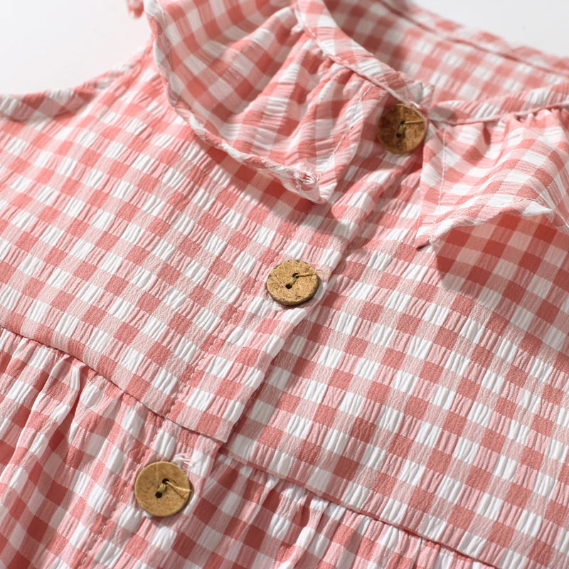 Girls Sleeveless Dress in Mushroom Plaid Pink