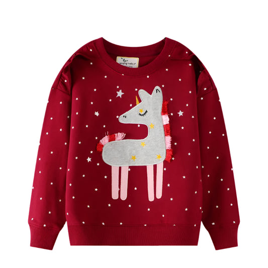 Girls Red Starry Sweatshirt - Unicorn