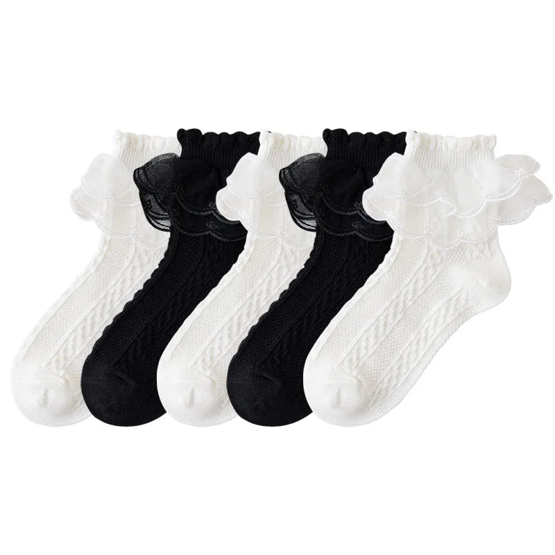 5 Pack Lace Ankle Socks (Black & White)