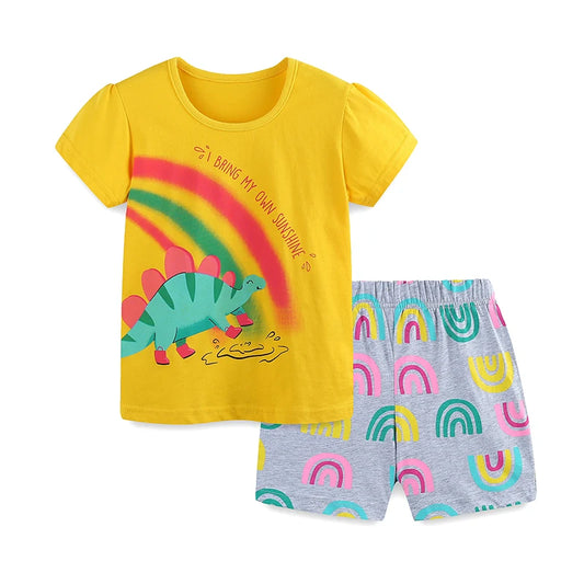 Girls T shirt + Shorts - Rainbow Dinosaur