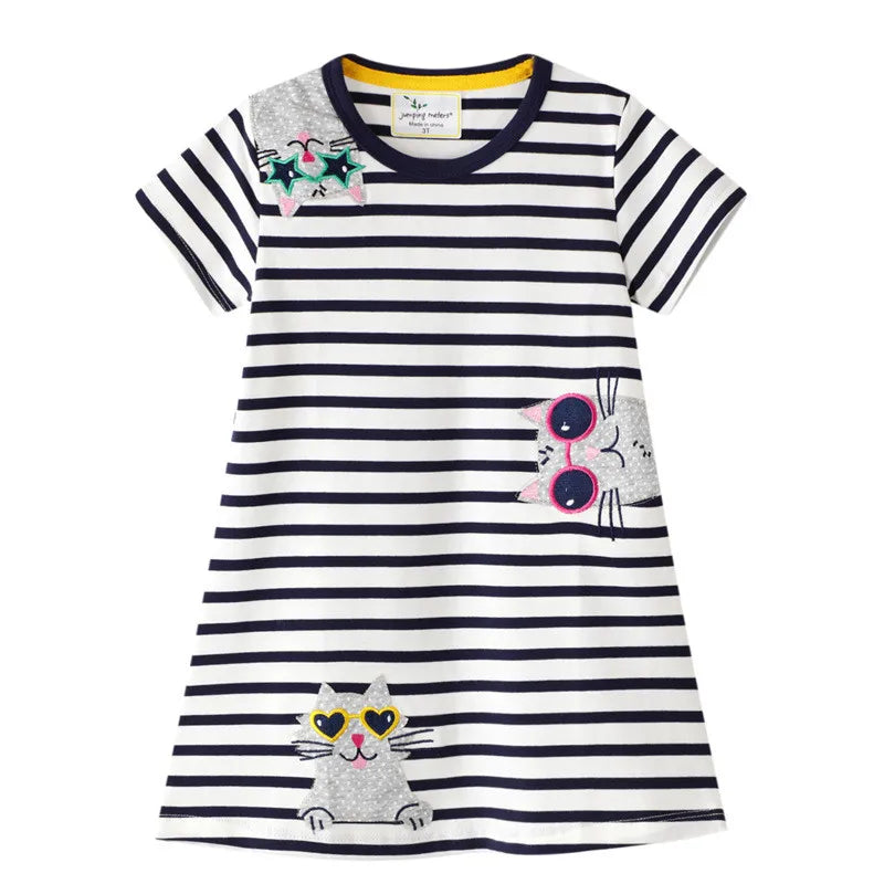 Girls Cats Applique Short Sleeve Dress