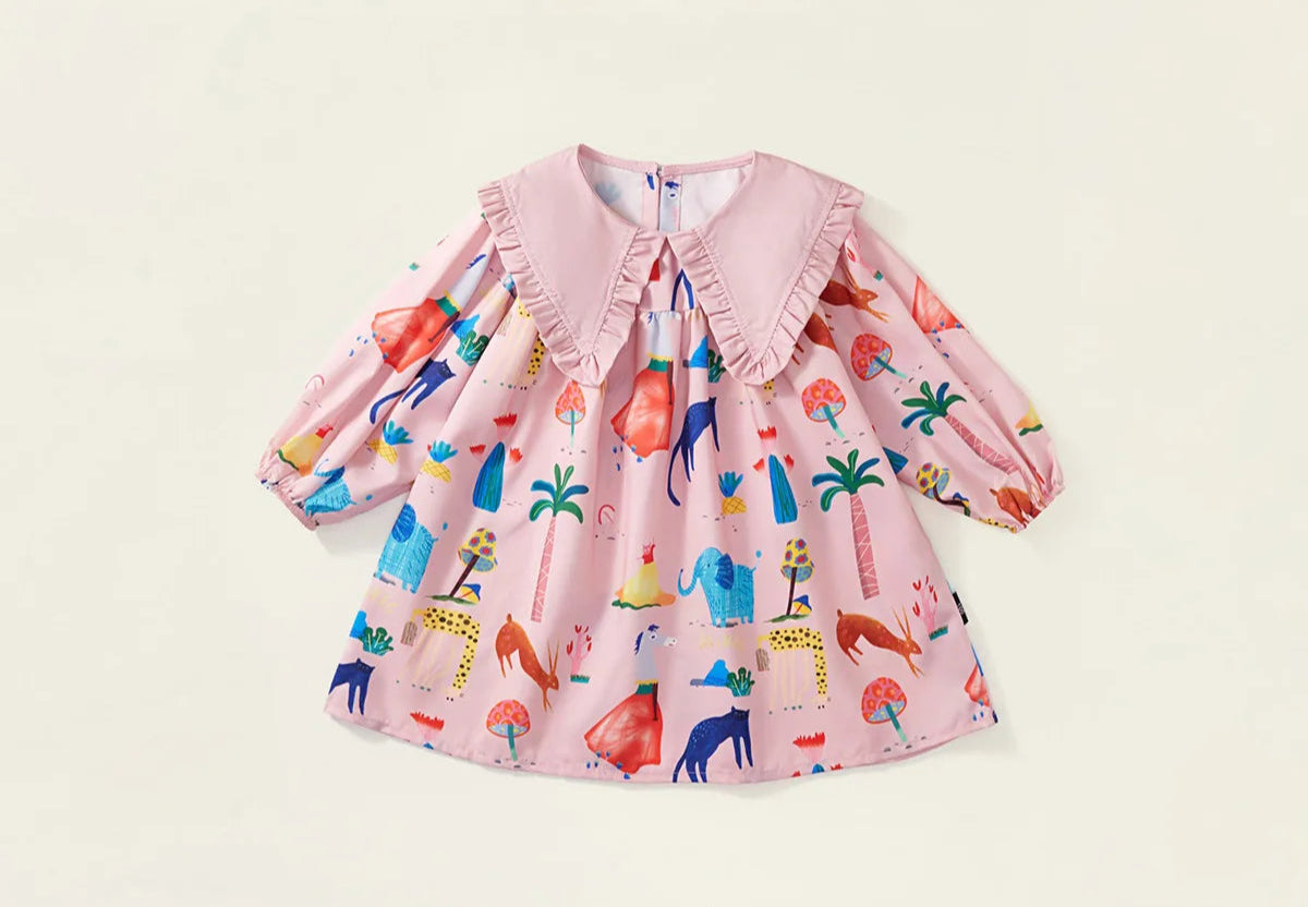 Girls Turndown Collar All Over Printed Dress