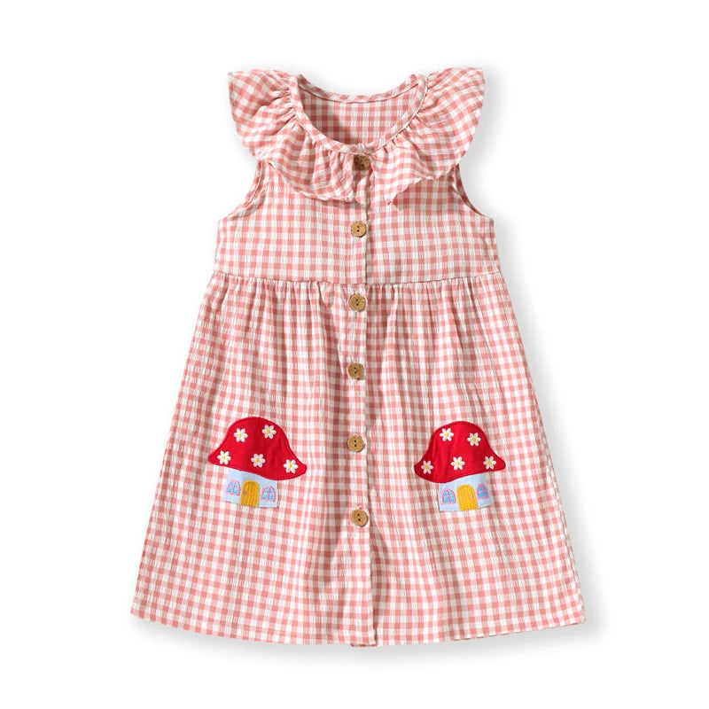 Girls Sleeveless Dress in Mushroom Plaid Pink
