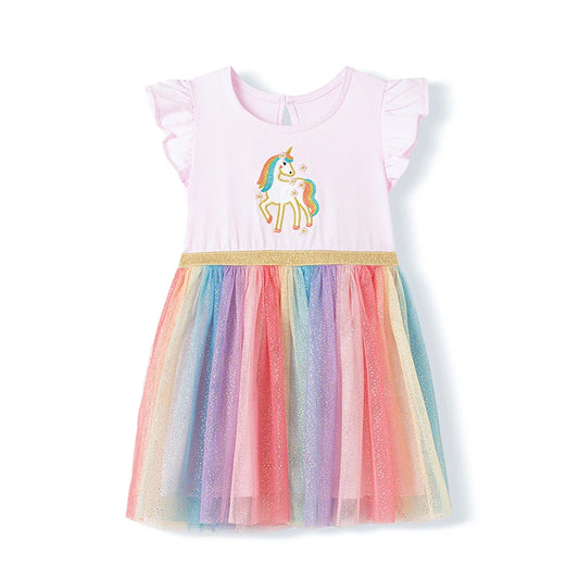 Girls Flutter Sleeve Applique Dress with rainbow skirt