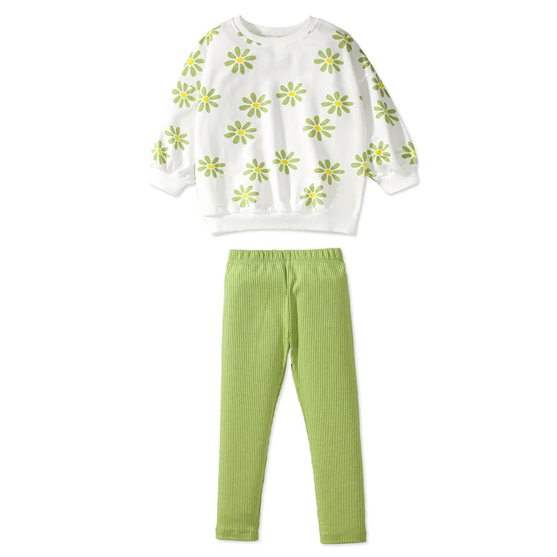 Girls LS T & Legging Set in Green Flowers