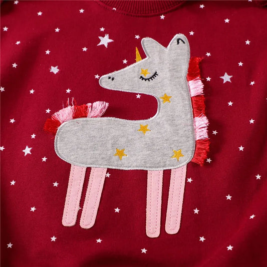 Girls Red Starry Sweatshirt - Unicorn