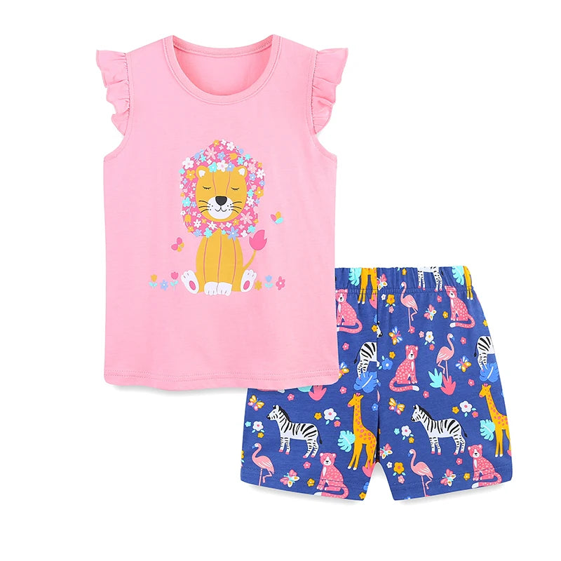 Girls Flutter Sleeve T Shirts and Shorts - Happy Lion