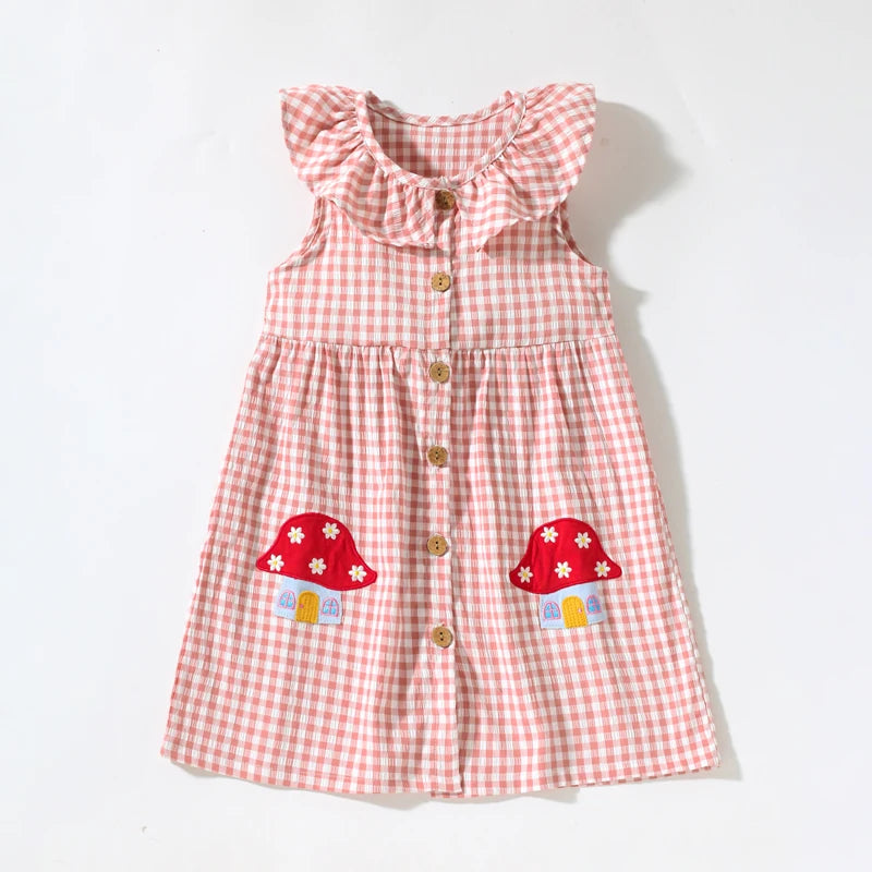 Girls Sleeveless Dress in Mushroom Plaid Pink