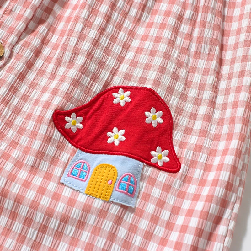 Girls Sleeveless Dress in Mushroom Plaid Pink