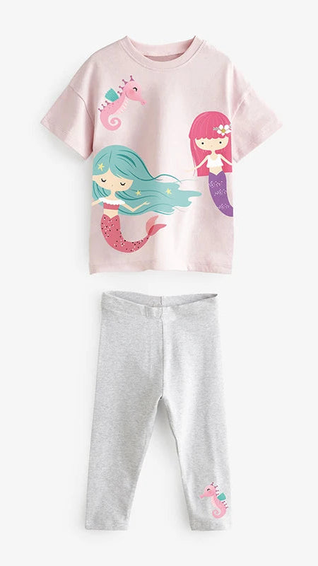 Girls SS T Shirt Tops & Mermaid Leggings