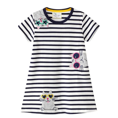 Girls Cats Applique Short Sleeve Dress