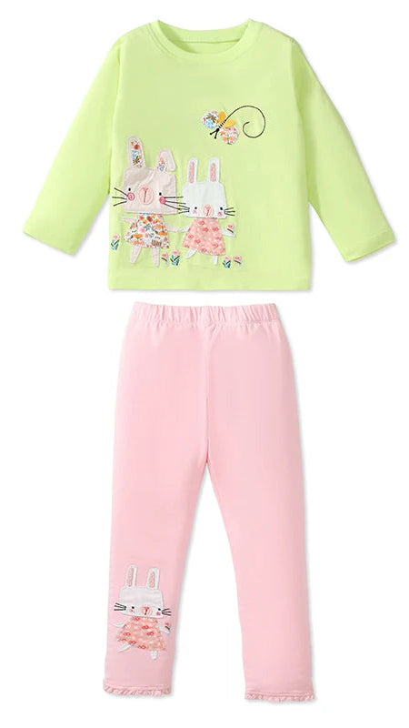 Girls LS T & Legging Set in Green & Pink bunny