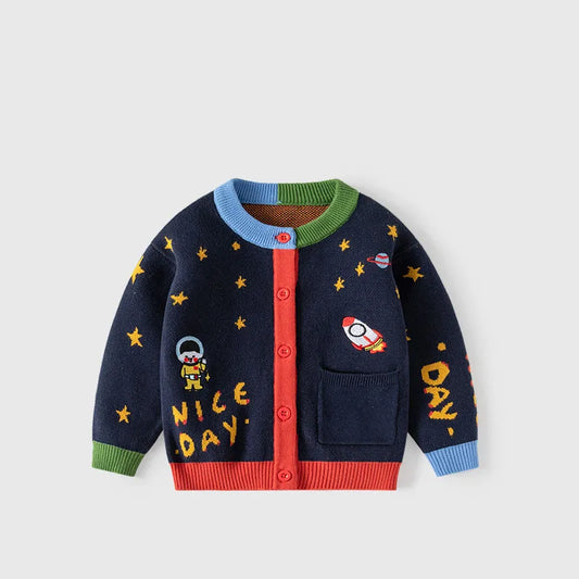 Spring Autumn 2-6 Year Children Boy Cardigan Astronaut Star Patchwork Little Boys Sweater Colorful Side Packet Baby Boy Knitwear