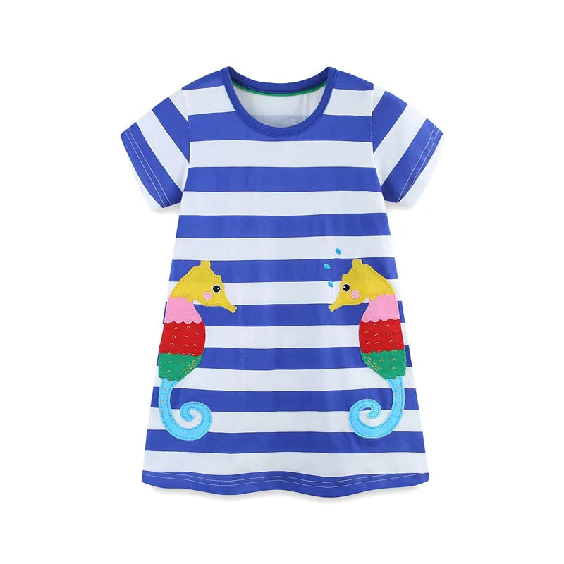 Girls SS Striped Seahorse Applique Dress