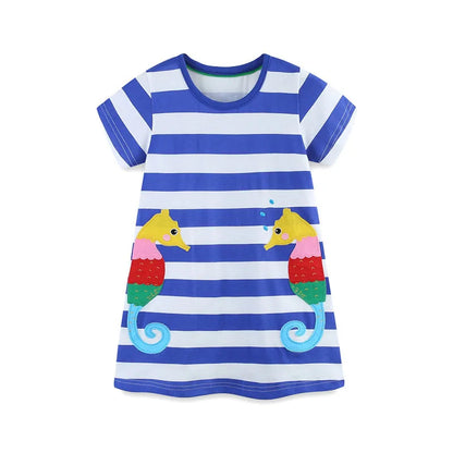 Girls SS Striped Seahorse Applique Dress
