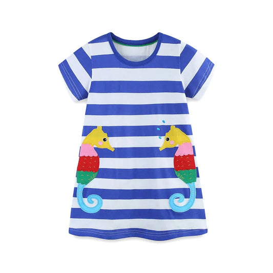 Girls SS Striped Seahorse Applique Dress
