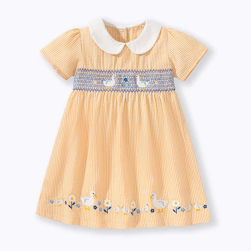 Girls Short Sleeve Dress - Orange Smocking