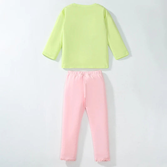 Girls LS T & Legging Set in Green & Pink bunny
