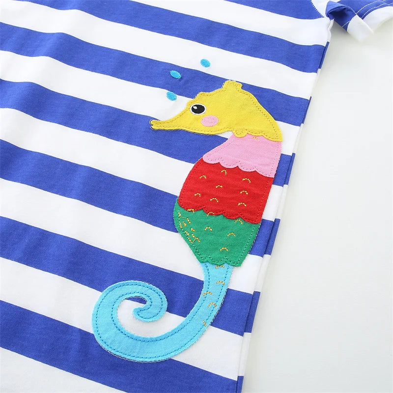 Girls SS Striped Seahorse Applique Dress