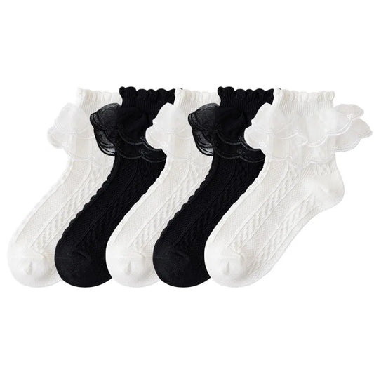 5 Pack Lace Ankle Socks (Black & White)