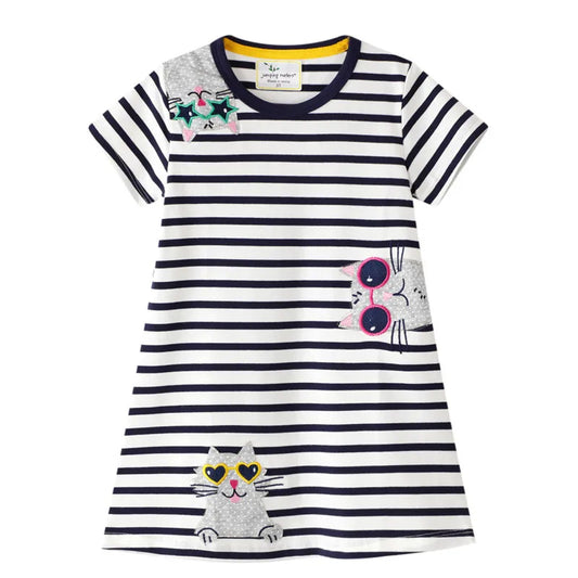 Girls Cats Applique Short Sleeve Dress