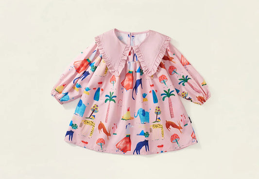 Girls Turndown Collar All Over Printed Dress