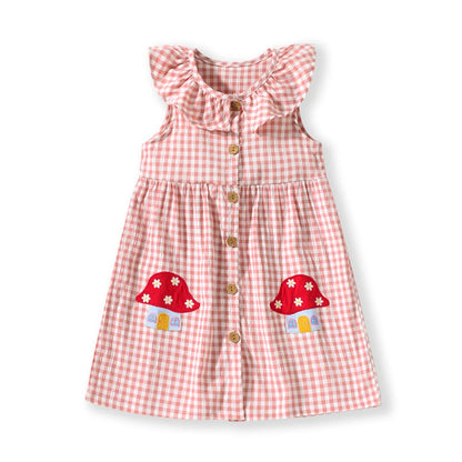 Girls Sleeveless Dress in Mushroom Plaid Pink