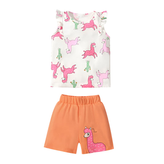 Girls Flutter sleeve T shirt + Shorts - Alpaca print