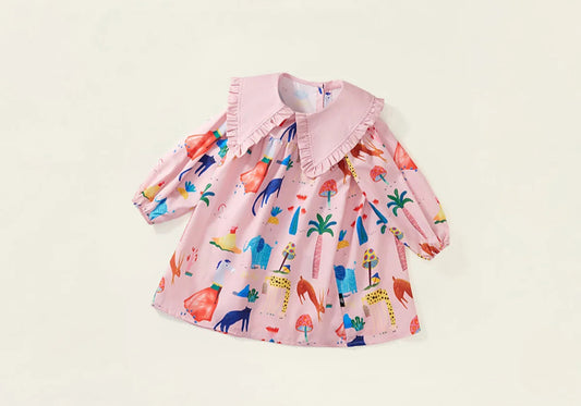Girls Turndown Collar All Over Printed Dress