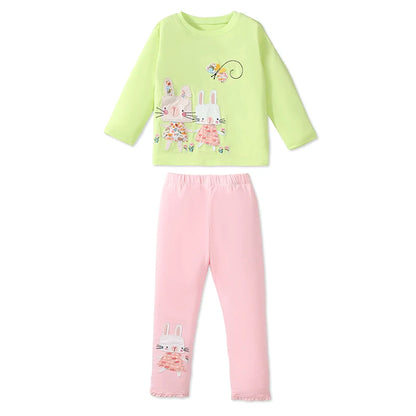 Girls LS T & Legging Set in Green & Pink bunny