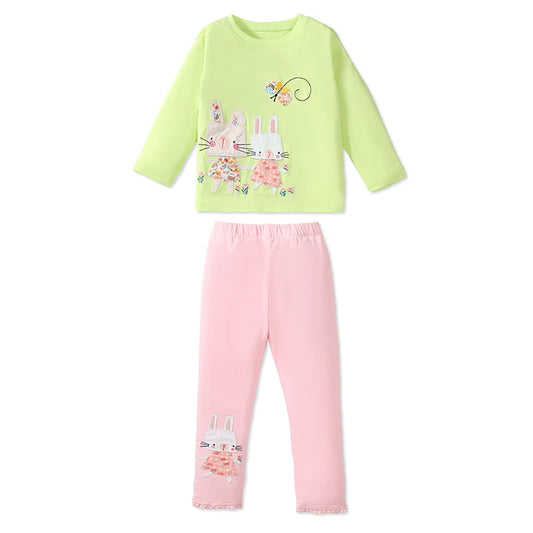 Girls LS T & Legging Set in Green & Pink bunny