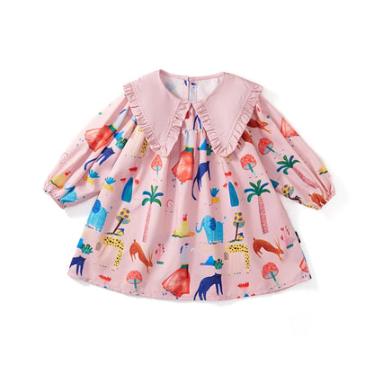 Girls Turndown Collar All Over Printed Dress