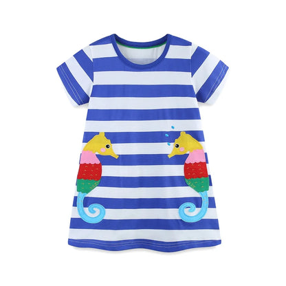 Girls SS Striped Seahorse Applique Dress