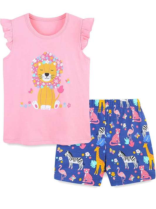 Girls Flutter Sleeve T Shirts and Shorts - Happy Lion
