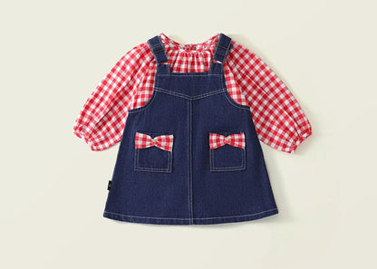 Girls Denim Skirt set with Red gingham shirt